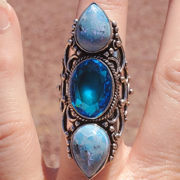 New Swiss Blue Topaz & Mosaic Jasper 925 Silver Statement Ring. - Picture 5 of 11